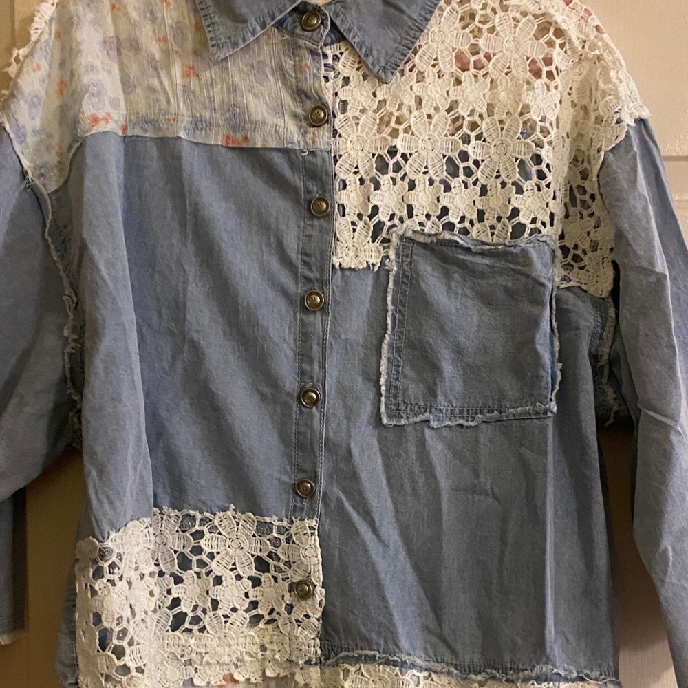 Nwot Pol Blue And White Patchwork Button Down Blo… - image 3